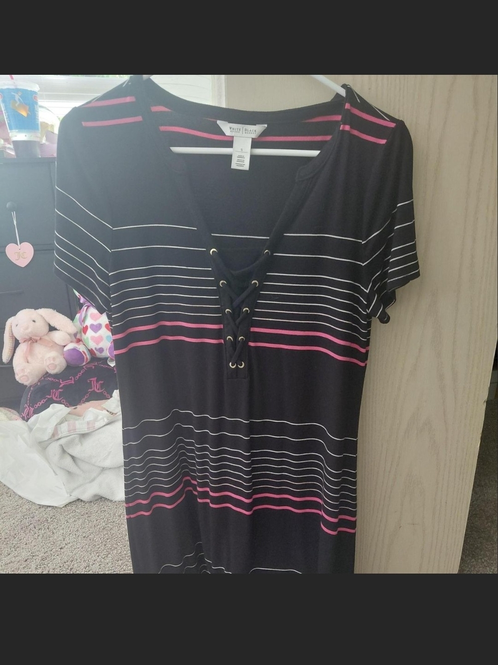 White House Black Market Black Striped Lace-Up Dress with Pink & White Accents